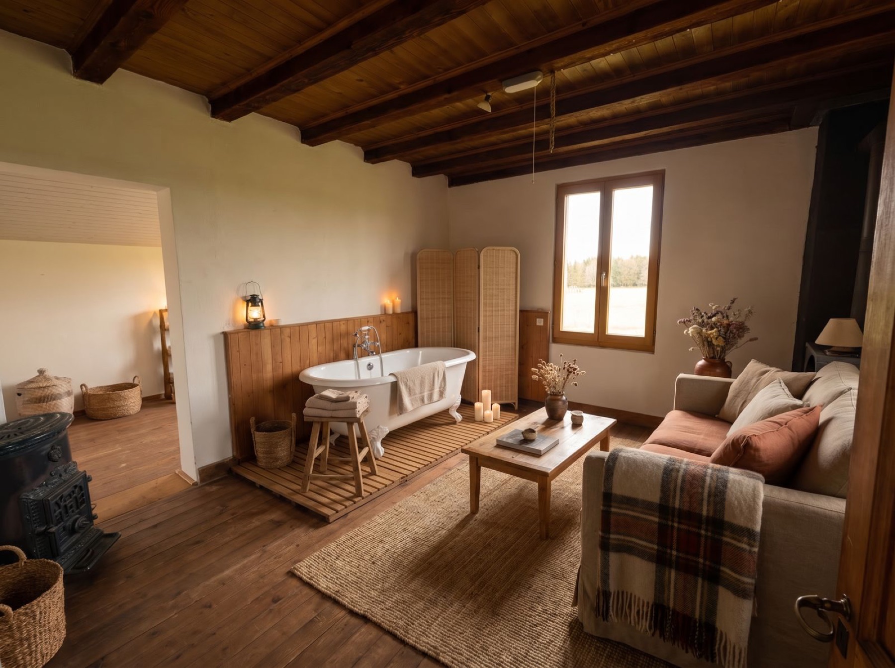 Pièce de vie en bois avec baignoire îlot et salon aménagé